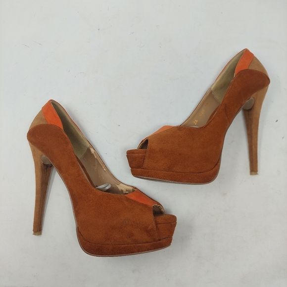 LOB Footwear Brown Orange Faux Suede Two Tone Platform Peep Toe High Heels Sz 6 - Picture 5 of 10